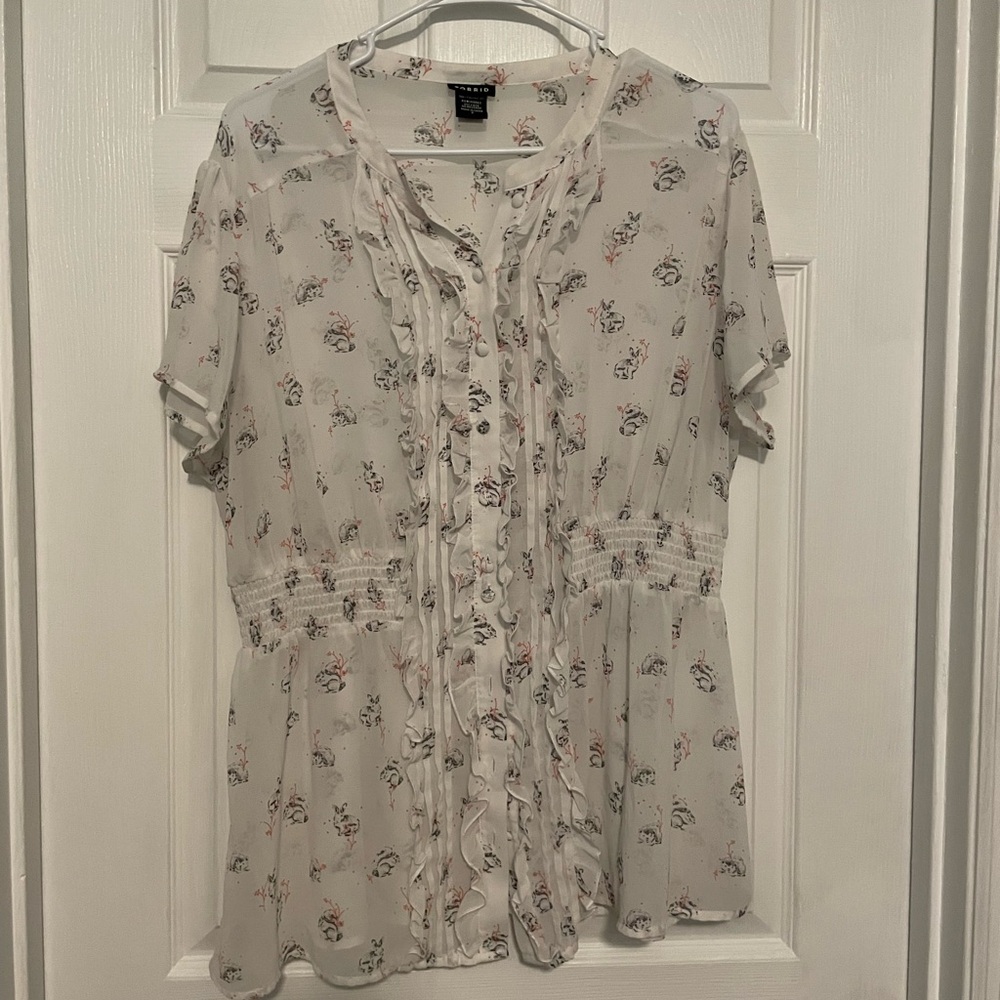 Torrid size 2 white sheer shirt with elastic cinched waist woodland creatures